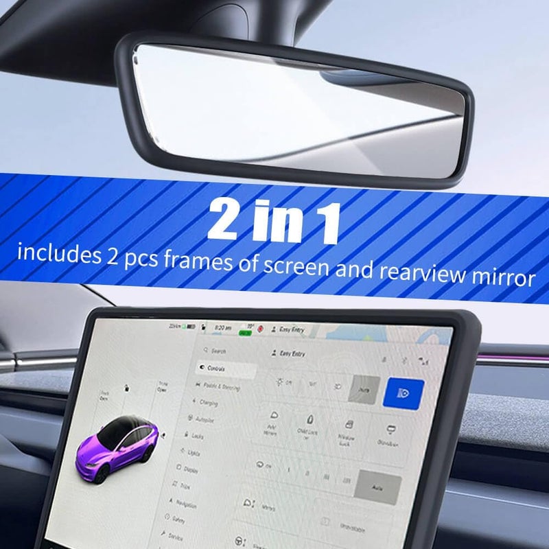 Yeapop 2Pcs Silicone Protector Frames of Screen and Rear View Mirror for Tesla Model 3 2024 Highland and Model Y 2025 Juniper. (Black) - Image 5